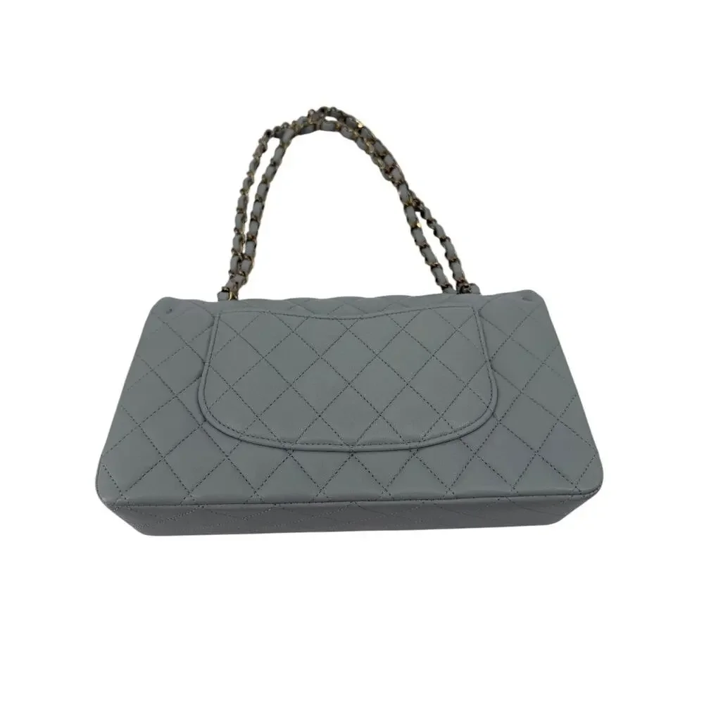 Chanel Lambskin Quilted Classic Double Flap Shoulder Bag Gray Gold Women's